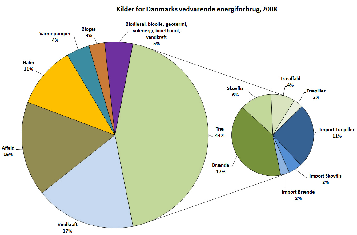 Kilder for Danmarks vedvarende energiforbrug, 2008 (Tal fra Energistyrelsen)